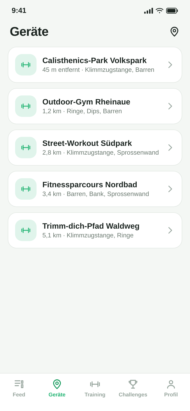 Liste der Geräte in der Nähe mit Entfernung und Ausstattung