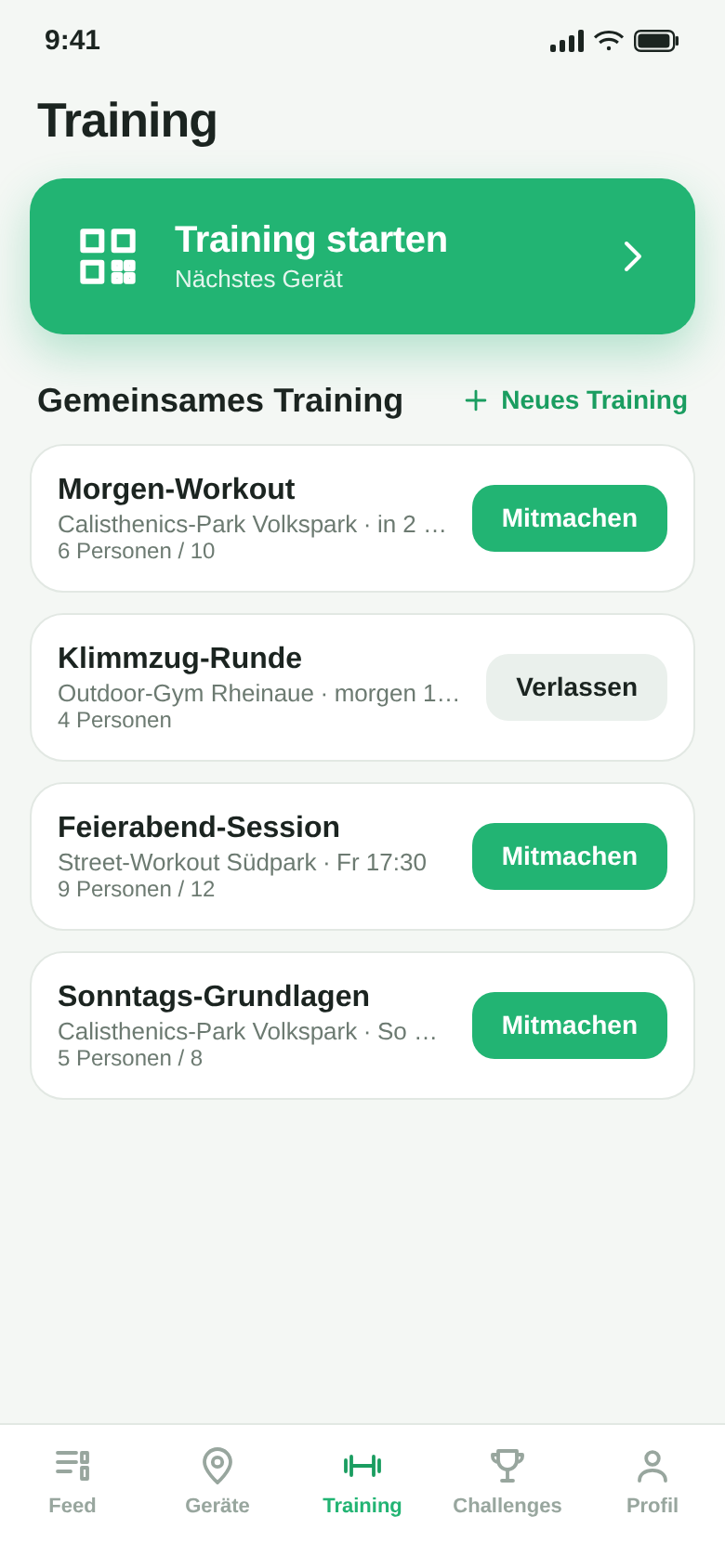Trainingsbildschirm mit gemeinsamen Sessions zum Mitmachen